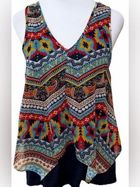BY & BY JCPENNEYS Multicolor Aztec & Paisley Fly Away 2Fer Sleeveless Top XS